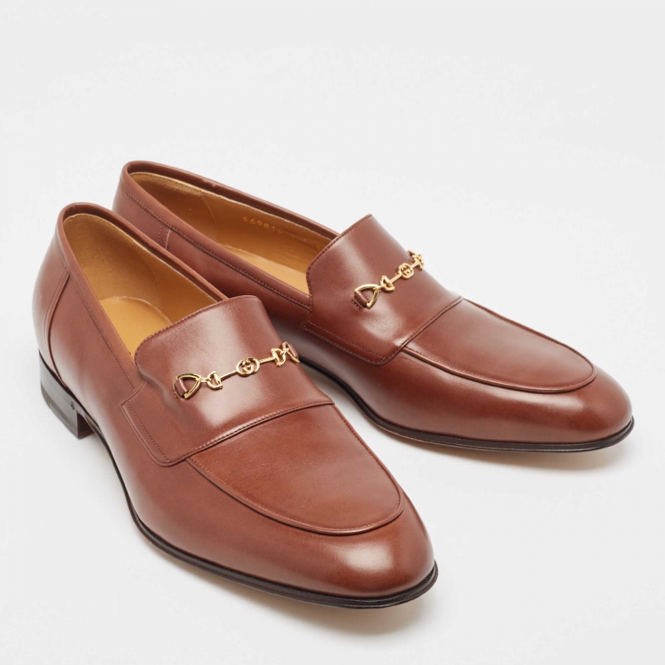 Pre Owned Gucci Brown Leather Jakarta Loafers Size 45.5