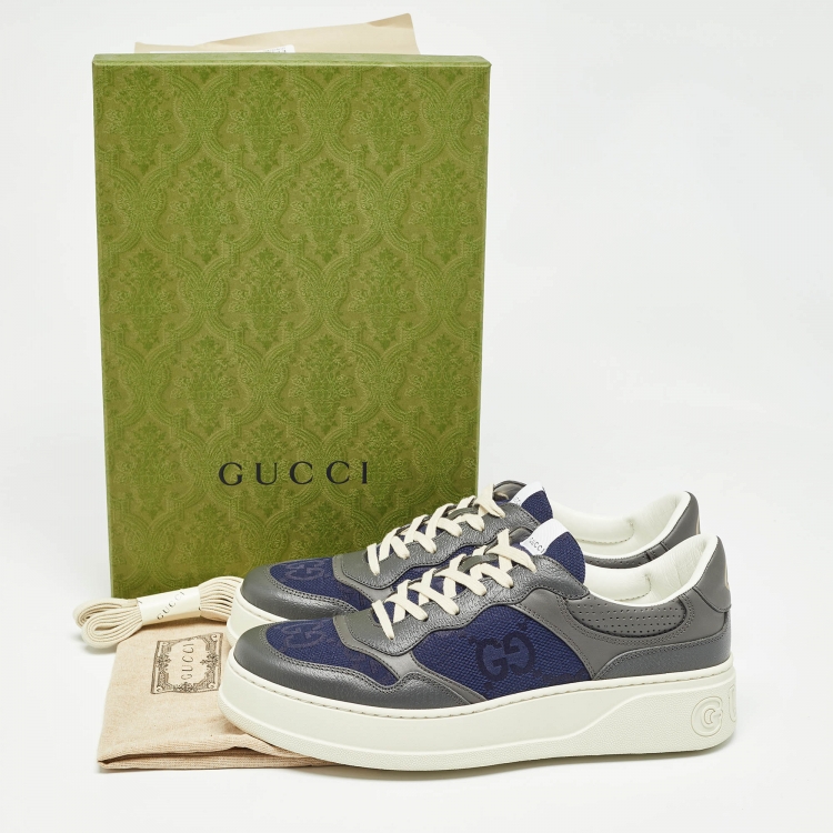 Pre Owned Gucci Grey/Blue Leather GG Low Top Sneakers Size 44