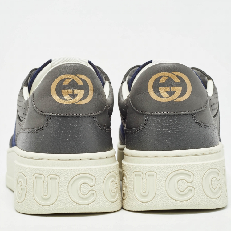 Pre Owned Gucci Grey/Blue Leather GG Low Top Sneakers Size 44