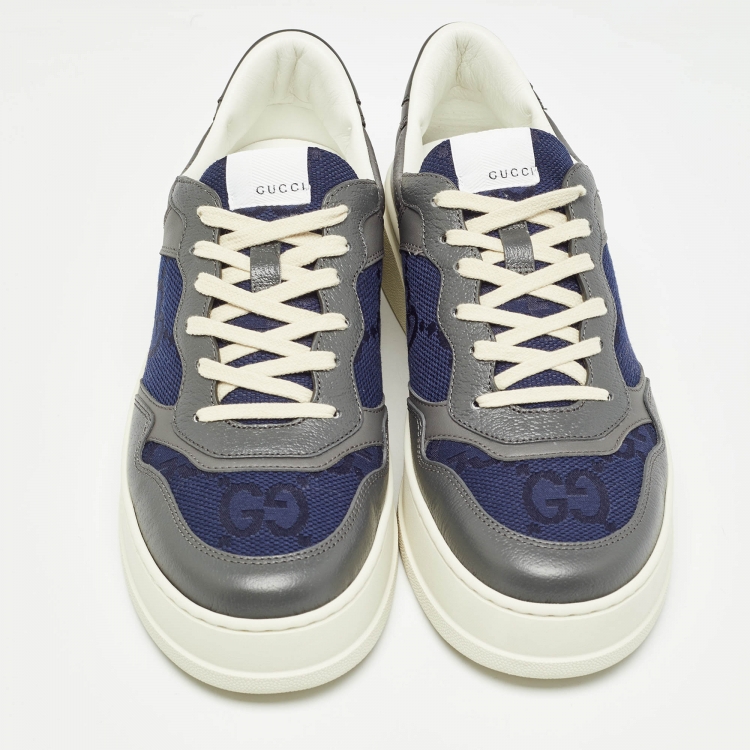 Pre Owned Gucci Grey/Blue Leather GG Low Top Sneakers Size 44