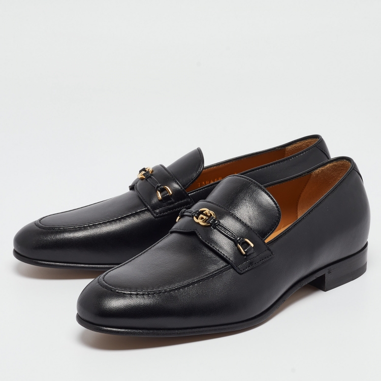 Pre Owned Gucci Black Leather Interlocking G Loafers Size 41