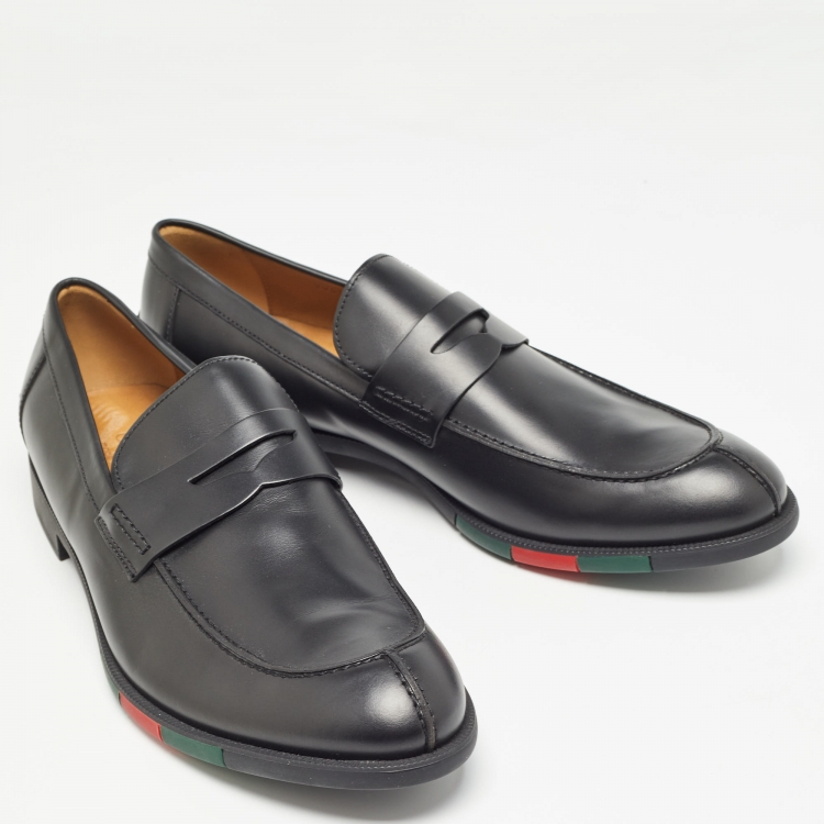 Pre Owned Gucci Black Leather Penny Slip On Loafers Size 45.5
