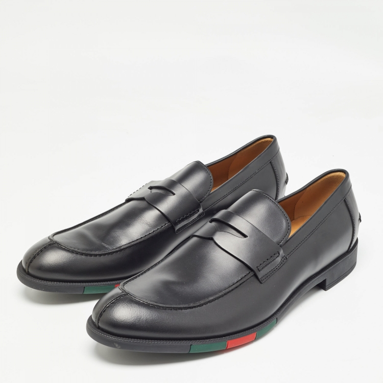 Pre Owned Gucci Black Leather Penny Slip On Loafers Size 45.5