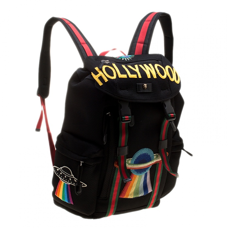 Pre Owned Gucci Black Mesh Fabric Hollywood Embroidered Backpack
