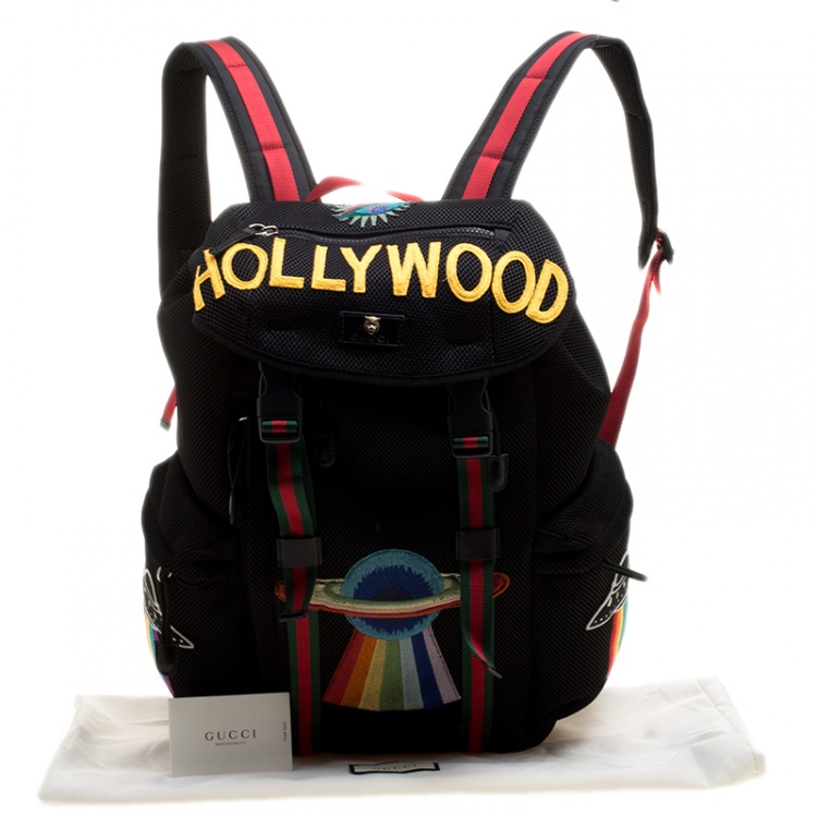 Pre Owned Gucci Black Mesh Fabric Hollywood Embroidered Backpack