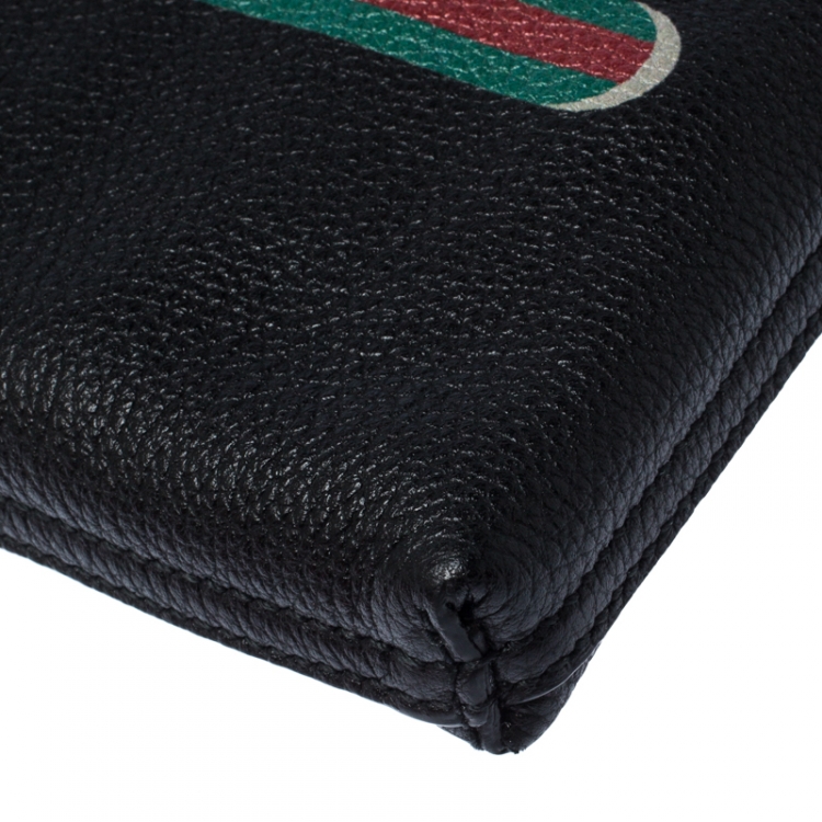 Pre Owned Gucci Black Leather Logo Print Pouch