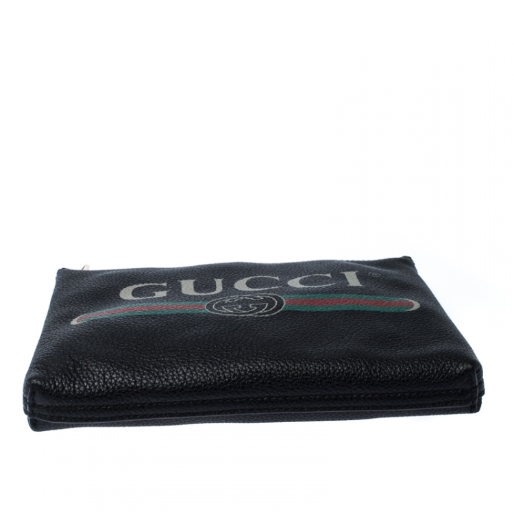 Pre Owned Gucci Black Leather Logo Print Pouch
