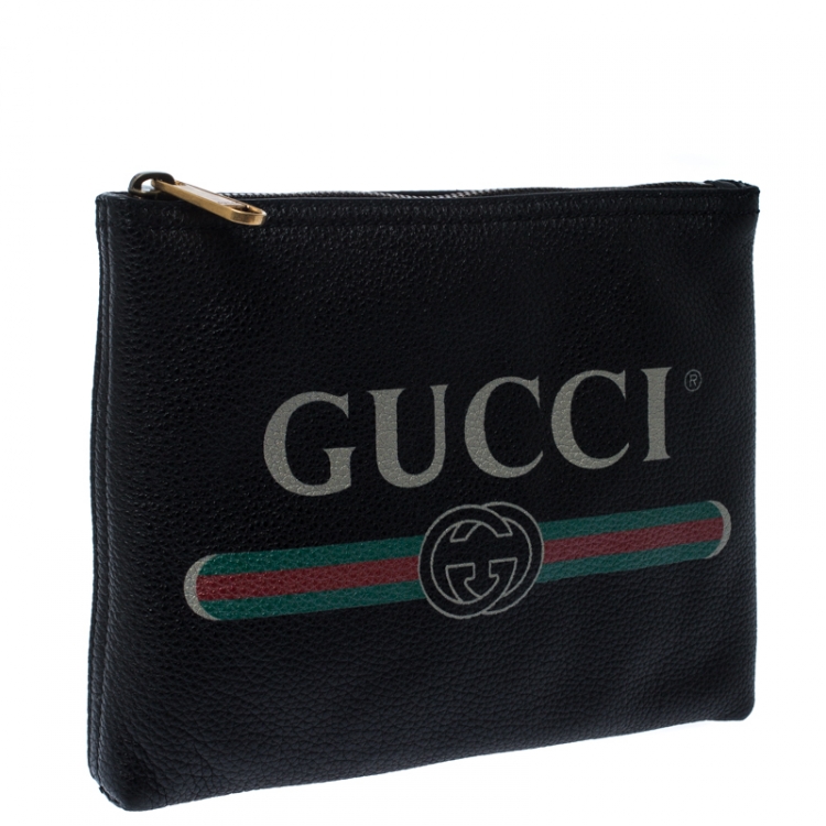 Pre Owned Gucci Black Leather Logo Print Pouch