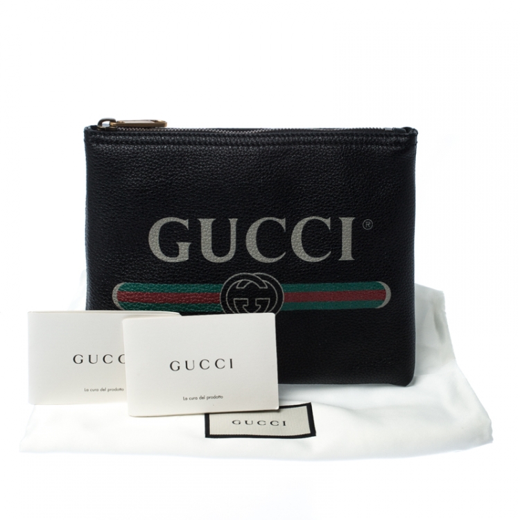Pre Owned Gucci Black Leather Logo Print Pouch