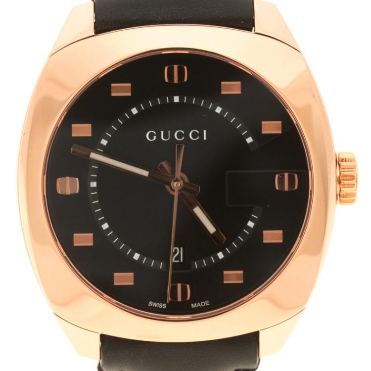 Pre Owned Gucci Black Dial Rose Gold Plated Stainless Steel 142.3 Men's Wristwatch 40 mm 