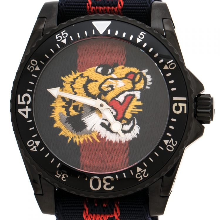 Pre Owned Gucci Black PVD Coated Stainless Steel Dive Tiger Embroidered 136.2 Men's Wristwatch 45 mm