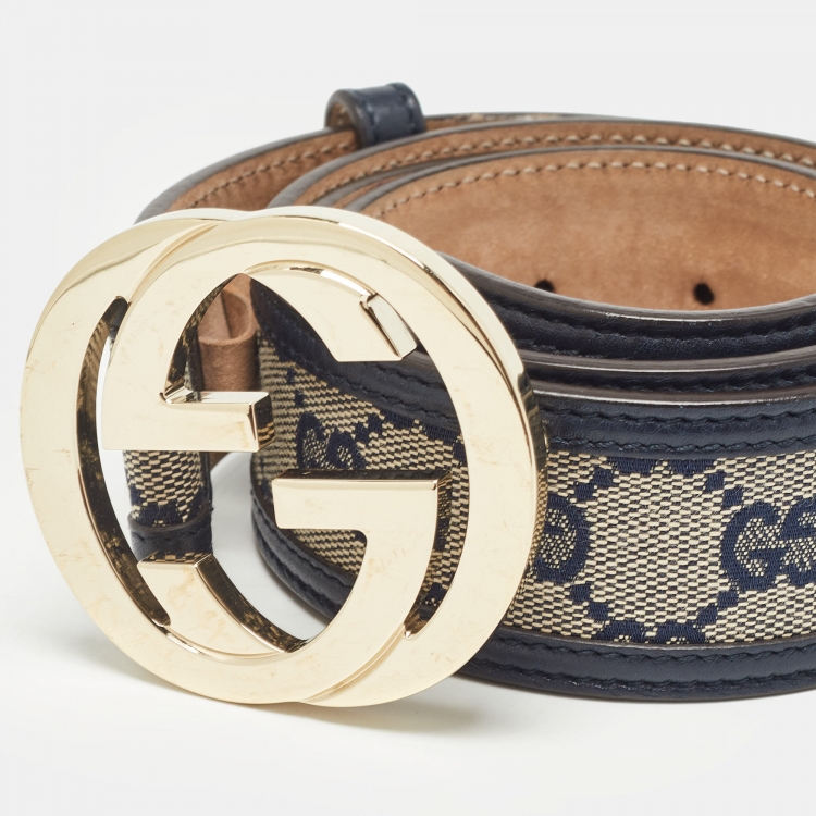 Pre Owned Gucci Beige/Navy Blue GG Canvas and Leather Interlocking G Buckle Belt 100 CM