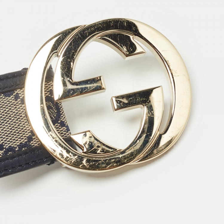 Pre Owned Gucci Beige/Navy Blue GG Canvas and Leather Interlocking G Buckle Belt 100 CM