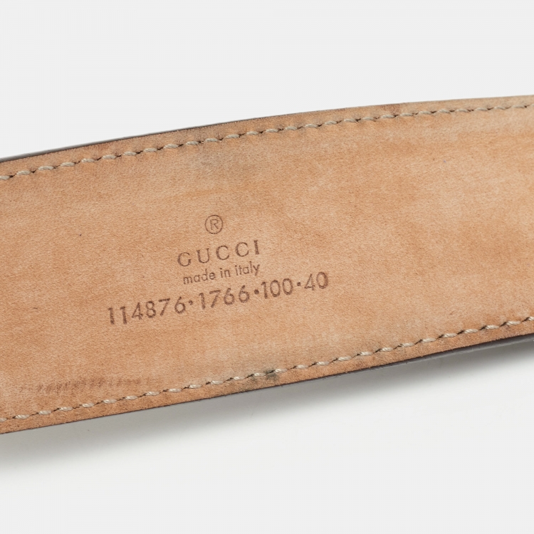 Pre Owned Gucci Beige/Navy Blue GG Canvas and Leather Interlocking G Buckle Belt 100 CM
