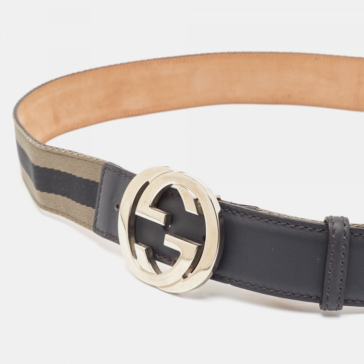 Pre Owned Gucci Dark Grey Web Canvas and Leather Interlocking G Buckle Belt 105CM