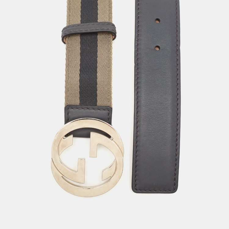 Pre Owned Gucci Dark Grey Web Canvas and Leather Interlocking G Buckle Belt 105CM