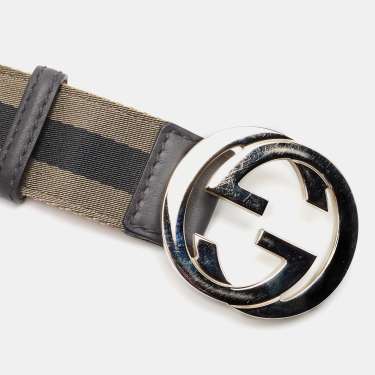 Pre Owned Gucci Dark Grey Web Canvas and Leather Interlocking G Buckle Belt 105CM