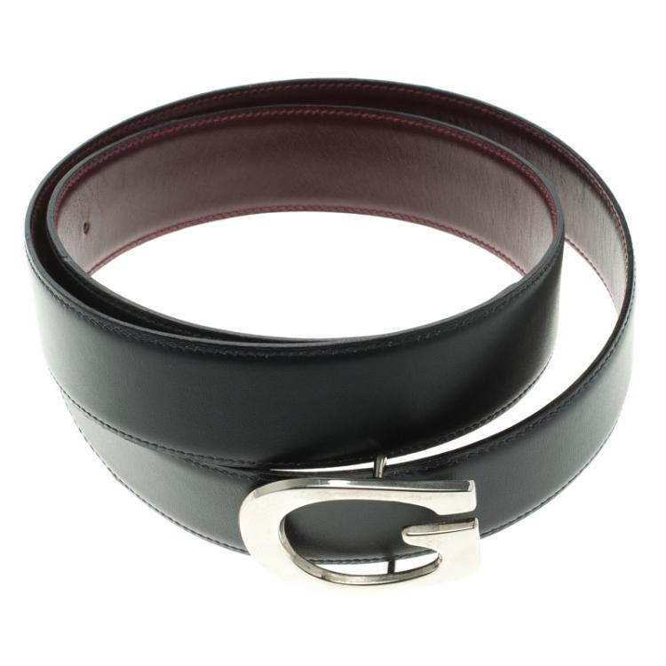 Pre Owned Gucci Black Leather Logo Buckle Belt 85CM