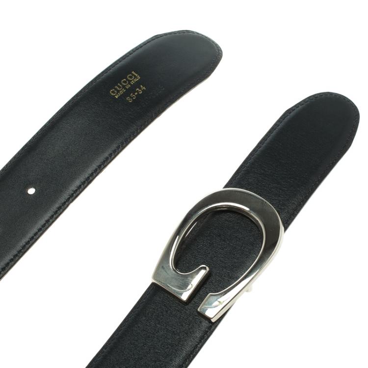 Pre Owned Gucci Black Leather Logo Buckle Belt 85CM