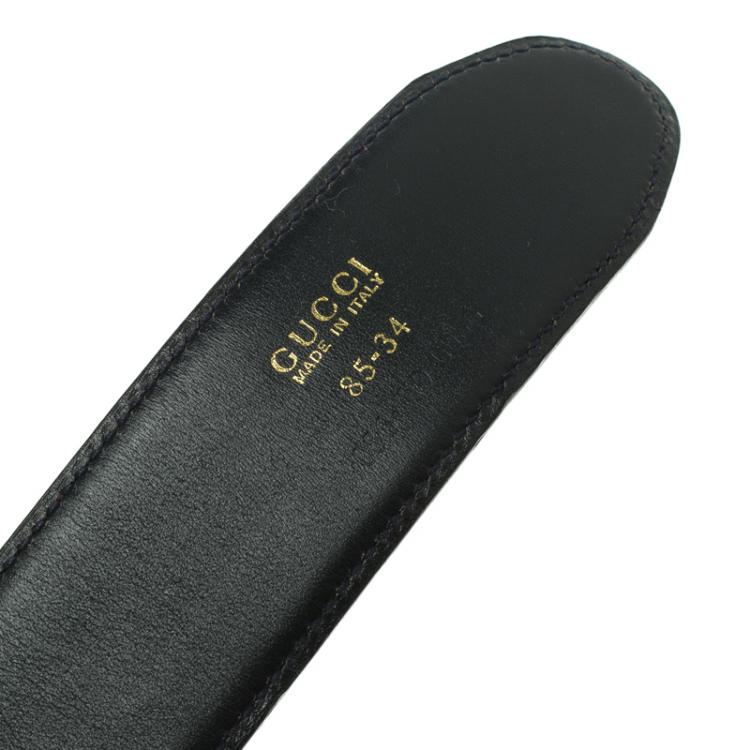 Pre Owned Gucci Black Leather Logo Buckle Belt 85CM