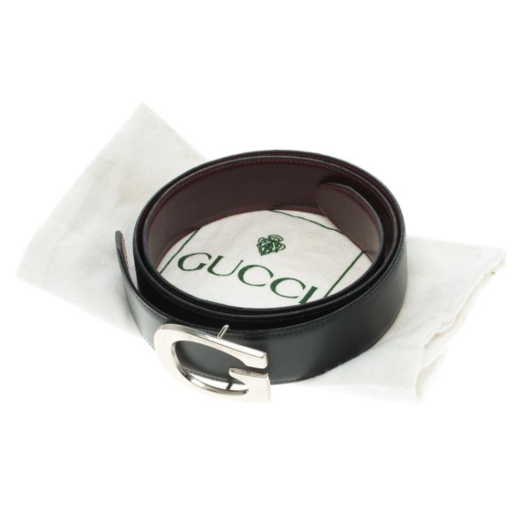 Pre Owned Gucci Black Leather Logo Buckle Belt 85CM