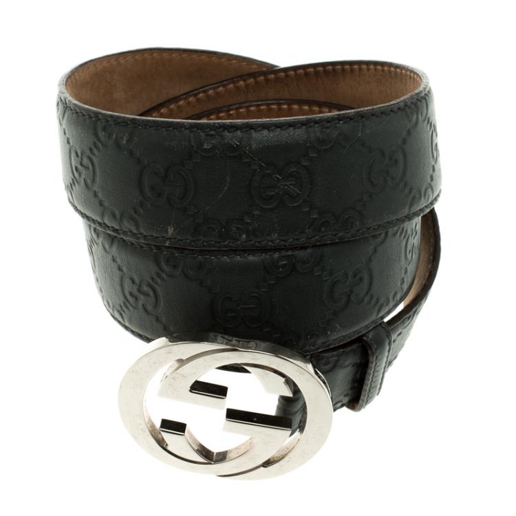 Pre Owned Gucci Dark Grey Guccissima Leather Interlocking GG Buckle Belt 100 CM