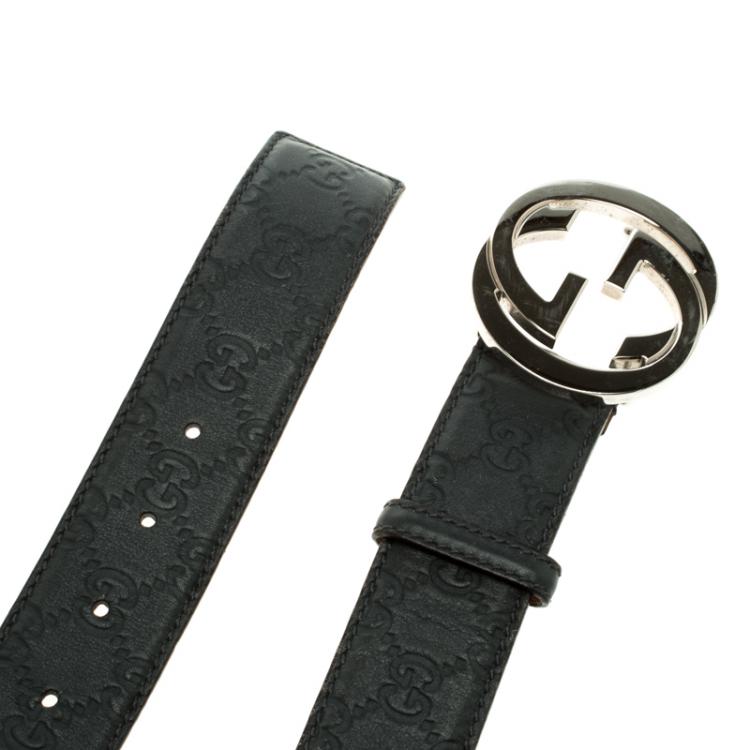 Pre Owned Gucci Dark Grey Guccissima Leather Interlocking GG Buckle Belt 100 CM