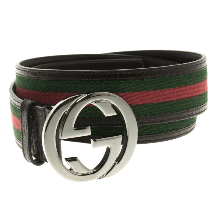 Pre Owned Gucci Brown Leather and Web Detail Interlocking GG Buckle Belt 95cm