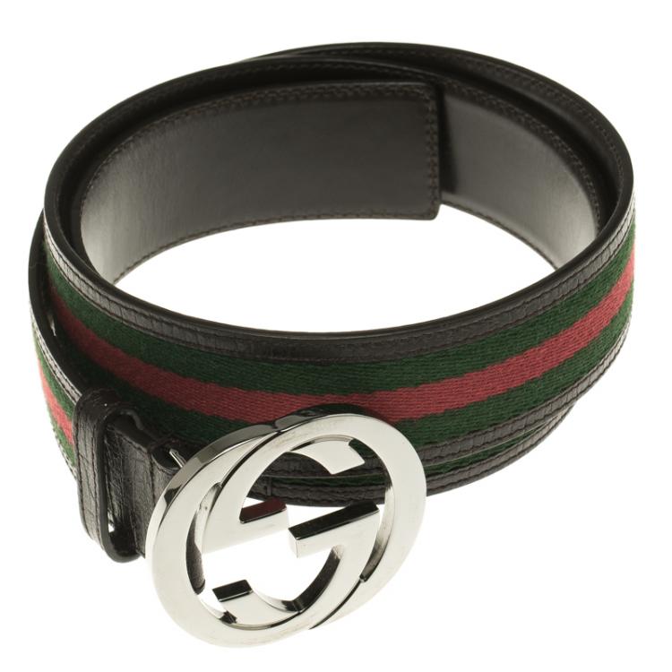 Pre Owned Gucci Brown Leather and Web Detail Interlocking GG Buckle Belt 95cm