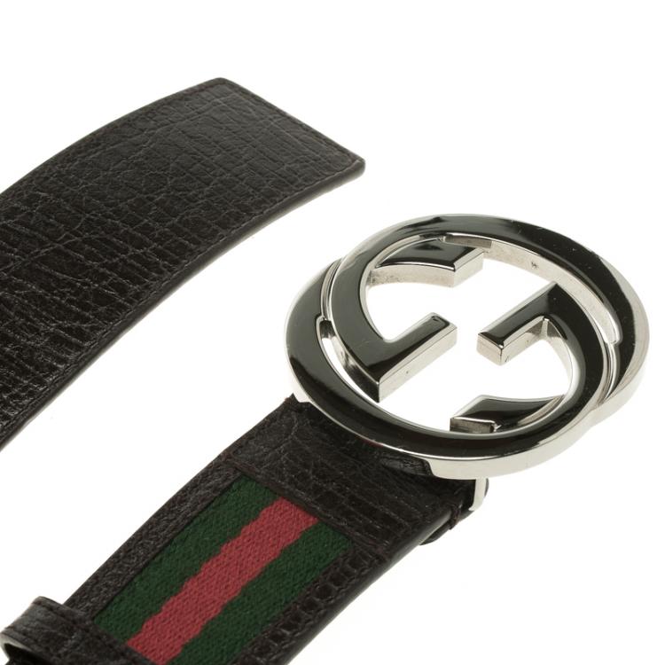 Pre Owned Gucci Brown Leather and Web Detail Interlocking GG Buckle Belt 95cm