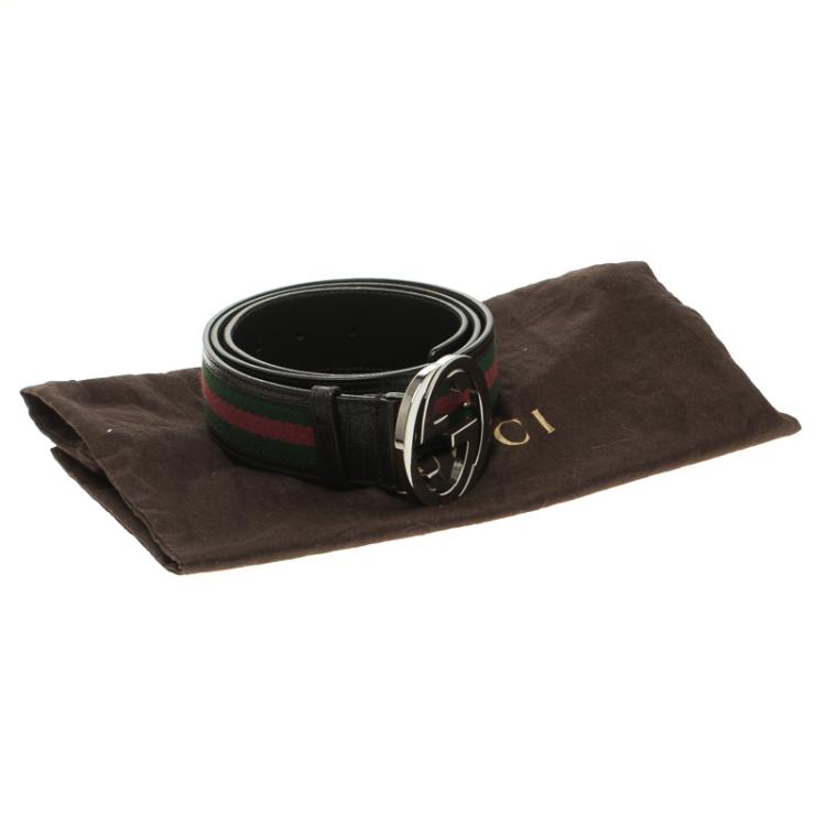 Pre Owned Gucci Brown Leather and Web Detail Interlocking GG Buckle Belt 95cm