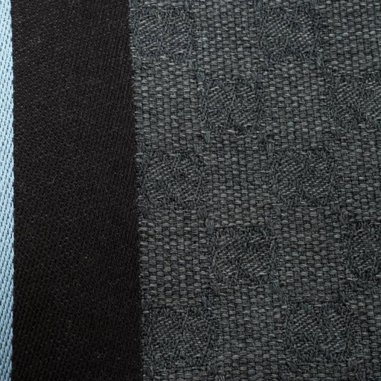 Pre Owned Gucci Grey Guccissima Wool and Silk Web Stripe Detail Fringed Edge Muffler