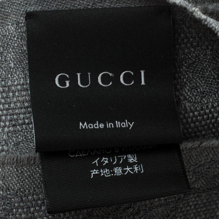 Pre Owned Gucci Grey Guccissima Wool and Silk Web Stripe Detail Fringed Edge Muffler