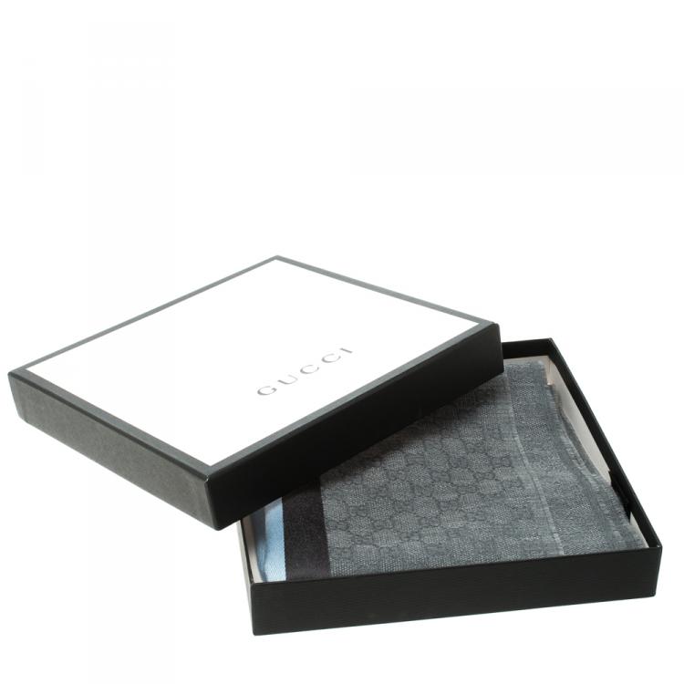 Pre Owned Gucci Grey Guccissima Wool and Silk Web Stripe Detail Fringed Edge Muffler