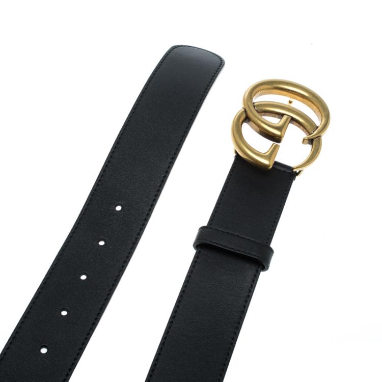 Pre Owned Gucci Black Leather Double G Buckle Belt 95 cm