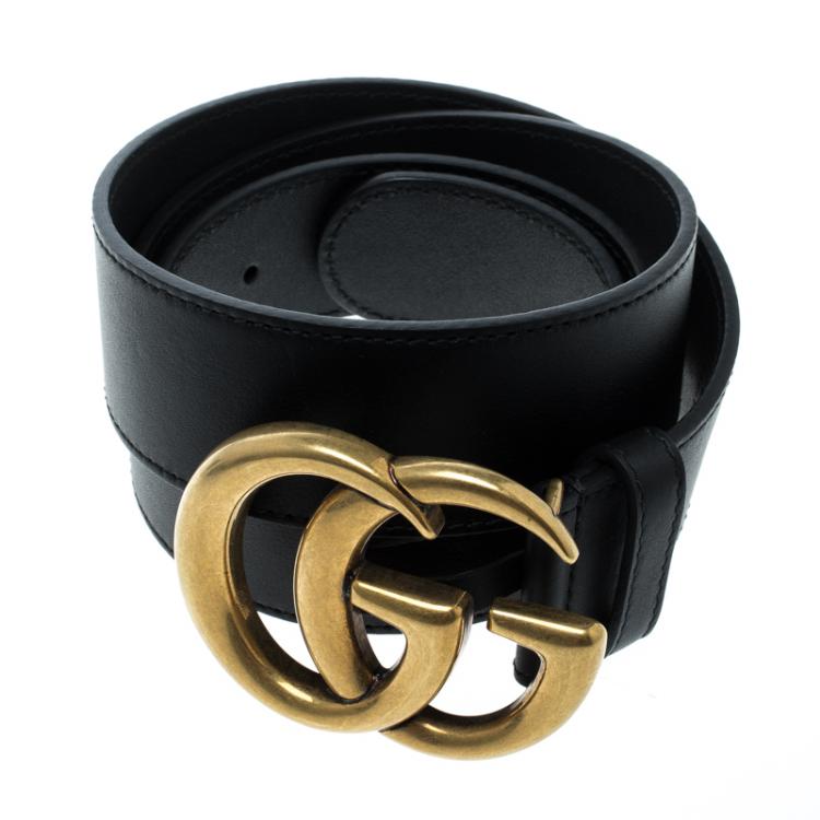 Pre Owned Gucci Black Leather Double G Buckle Belt 95 cm