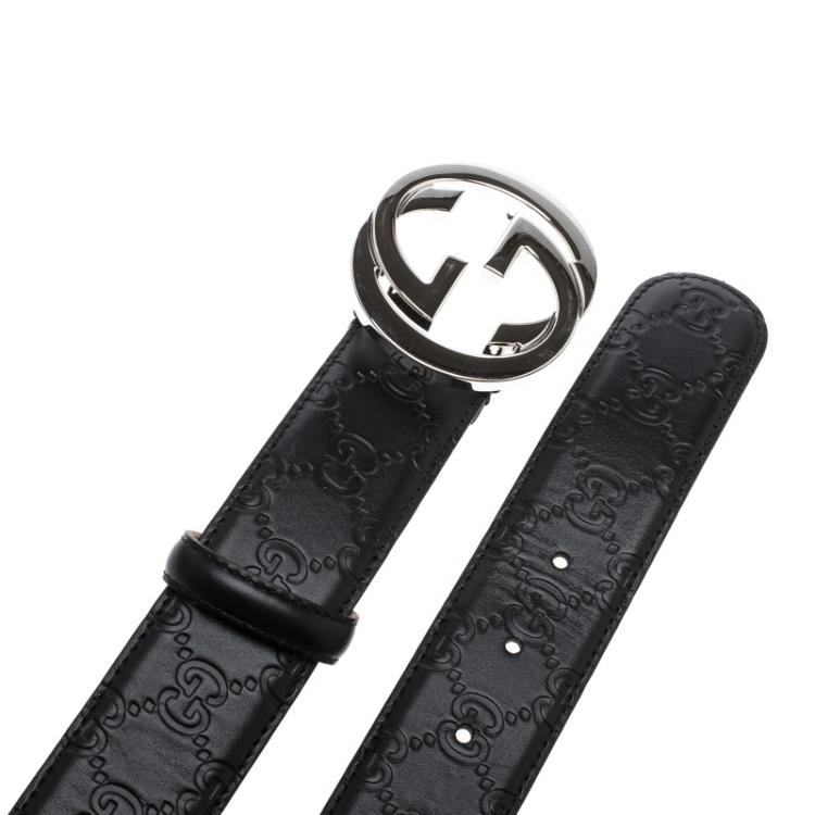 Pre Owned Gucci Black Guccissima Leather Interlocking GG Buckle Belt 105cm