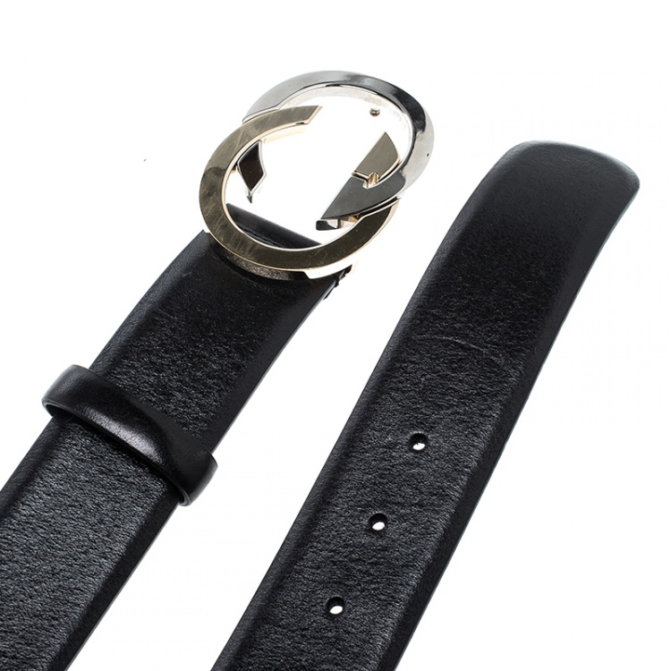 Pre Owned Gucci Black Leather Interlocking GG Belt 85cm
