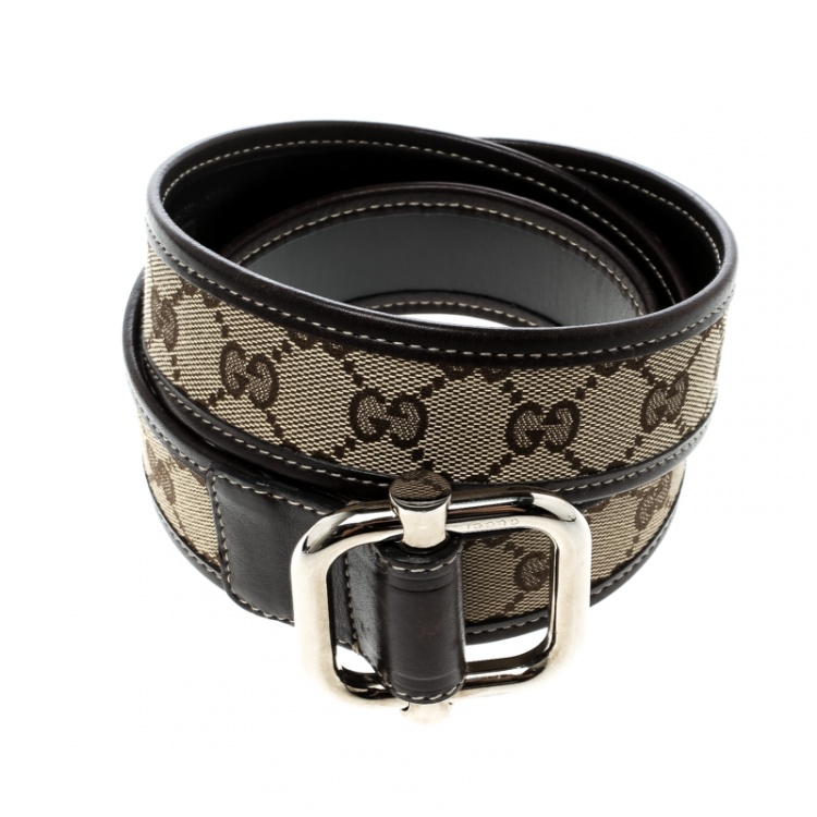 Pre Owned Gucci Beige/Brown GG Canvas and Leather Belt 100cm