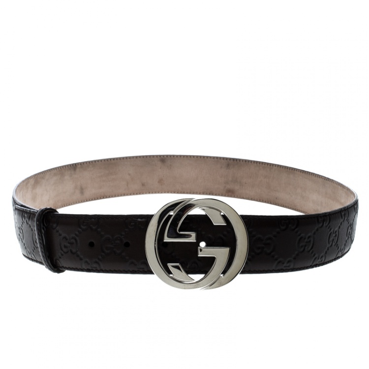 Pre Owned Gucci Dark Brown Guccissima Leather Interlocking GG Buckle Belt 95 CM