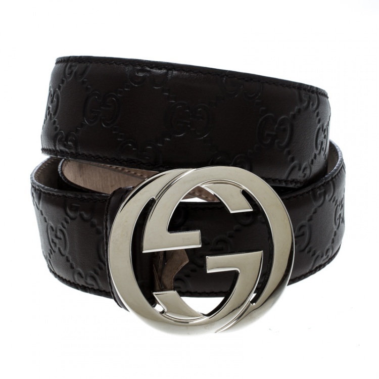 Pre Owned Gucci Dark Brown Guccissima Leather Interlocking GG Buckle Belt 95 CM