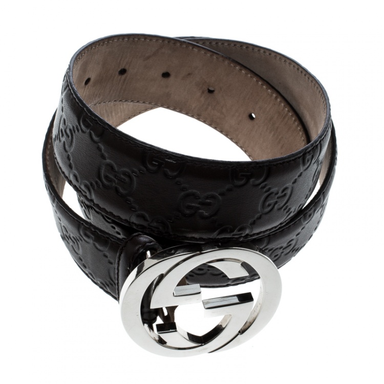 Pre Owned Gucci Dark Brown Guccissima Leather Interlocking GG Buckle Belt 95 CM