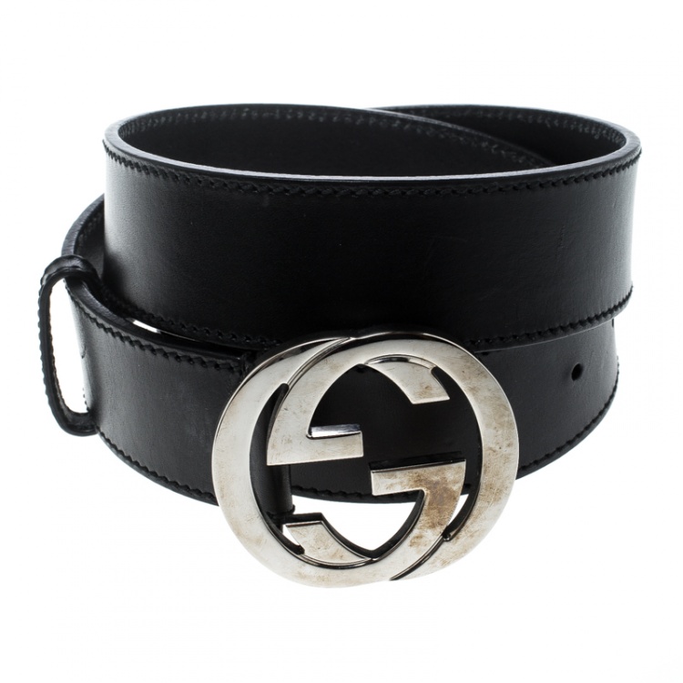 Pre Owned Gucci Black Leather Leather GG Interlocking Buckle Belt 80cm