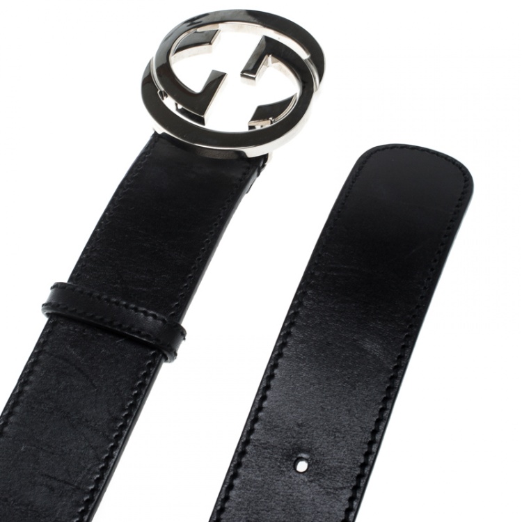 Pre Owned Gucci Black Leather Leather GG Interlocking Buckle Belt 80cm