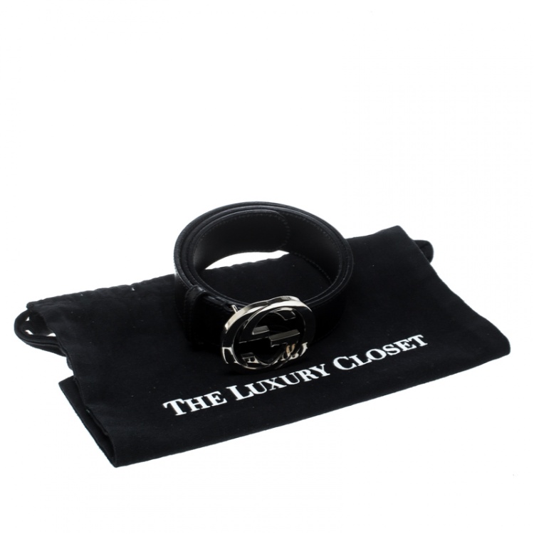 Pre Owned Gucci Black Leather Leather GG Interlocking Buckle Belt 80cm