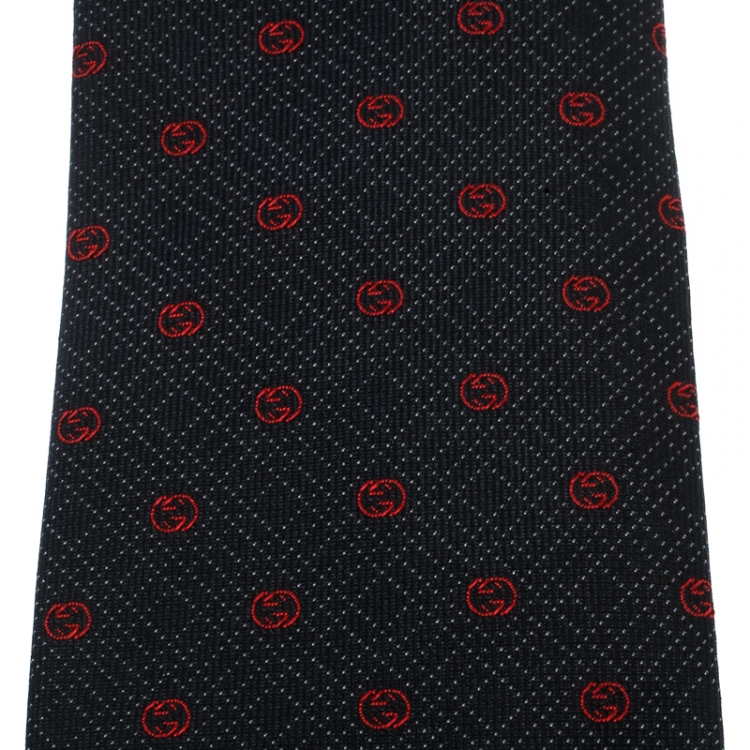 Pre Owned Gucci Navy Blue and Red Dotted Guccissima Silk Jacquard Traditional Tie