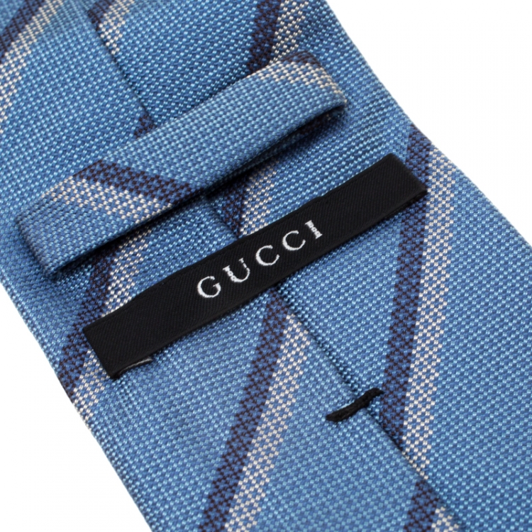 Pre Owned Gucci Blue and Grey Diagonal Striped Textured Silk Jacquard Tie
