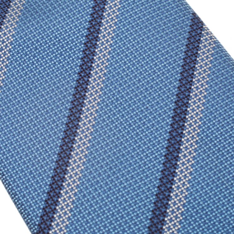 Pre Owned Gucci Blue and Grey Diagonal Striped Textured Silk Jacquard Tie