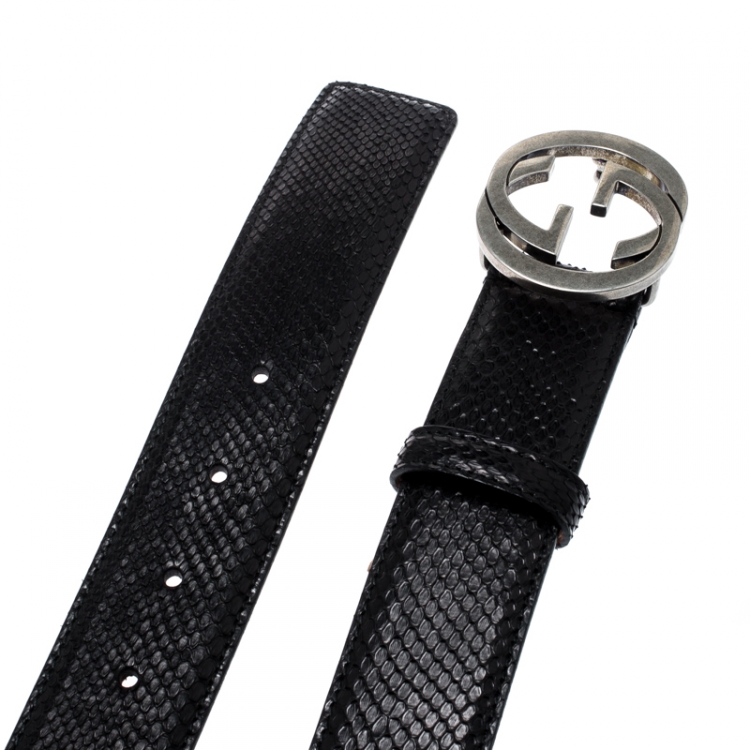 Pre Owned Gucci Black Python Interlocking GG Buckle Belt 105CM