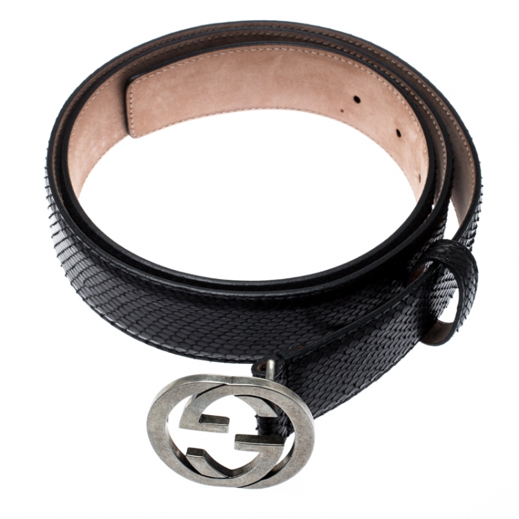 Pre Owned Gucci Black Python Interlocking GG Buckle Belt 105CM